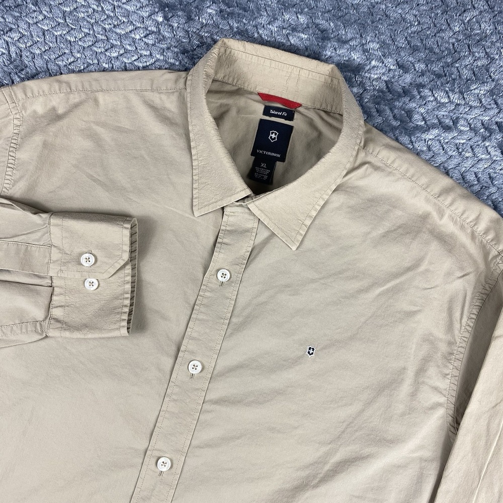Victorinox Tan Button Up Mens XL Long Sleeve Shirt Solid Tailord Fit Cotton Mix